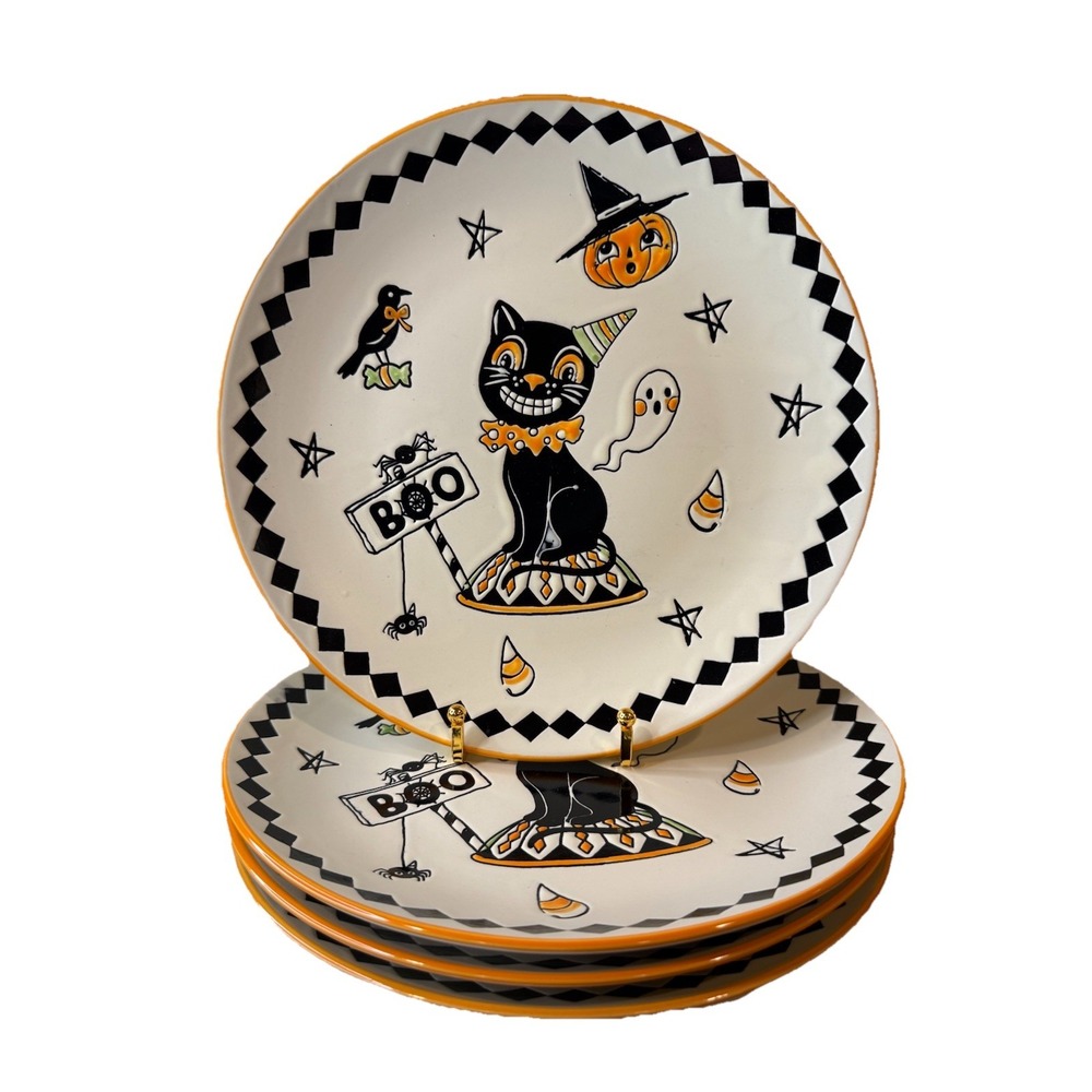4 Set Eli + Ana Creep Show Dinner Plates 10.5" Ceramic Halloween 2023 Black Cat